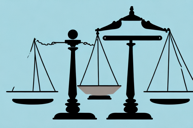 A balance scale with a stack of tax forms on one side and a gavel on the other