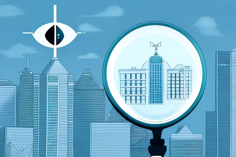 A magnifying glass hovering over a cityscape
