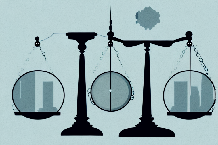 A balance scale with a pile of tax forms on one side and a symbolic representation of rochester