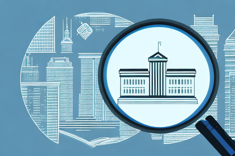 A magnifying glass hovering over a cityscape