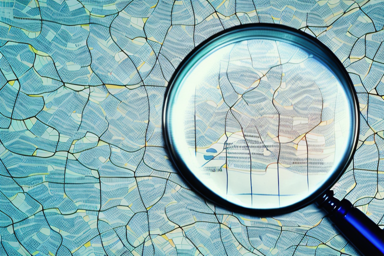 A magnifying glass hovering over a map dotted with scales of justice