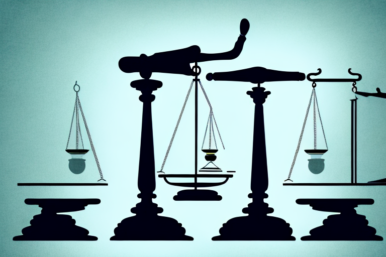 A balanced scale with a gavel on one side and a chemical flask on the other