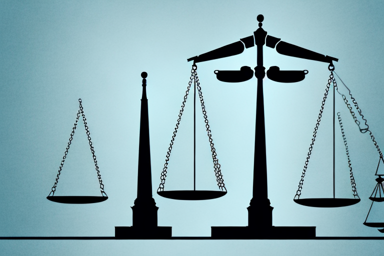 A balance scale with legal documents on one side and a city skyline on the other