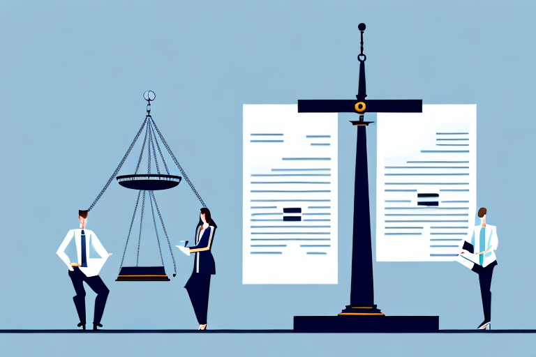 A balanced scale with legal documents and a business building on each side