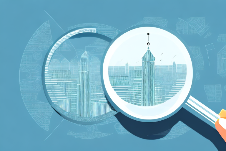 A magnifying glass hovering over a cityscape