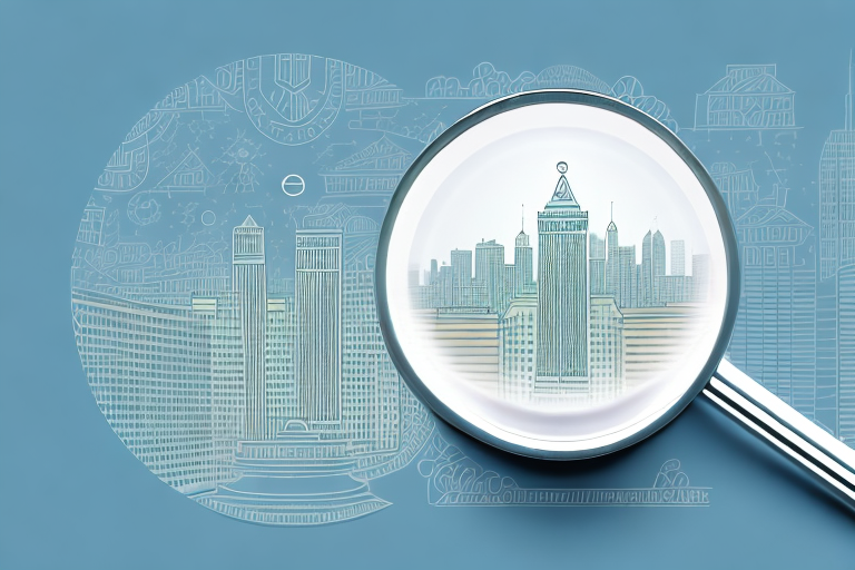 A magnifying glass hovering over a cityscape