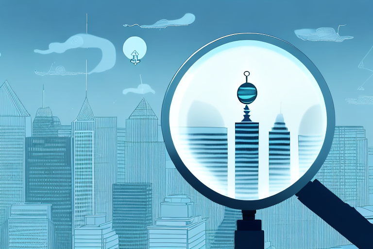 A magnifying glass hovering over a cityscape