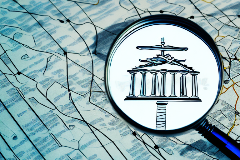 A magnifying glass hovering over a map marked with symbols of law scales and gavels