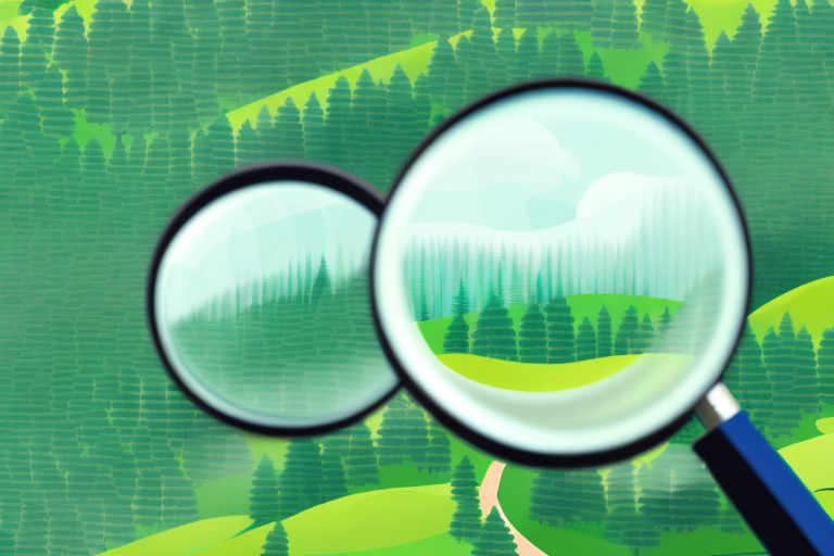 A magnifying glass over a landscape of forests and fields
