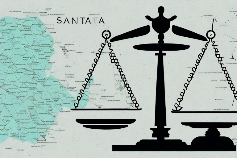 A symbolic balance scale with a living trust document on one side and a simplified map of santa clarita on the other