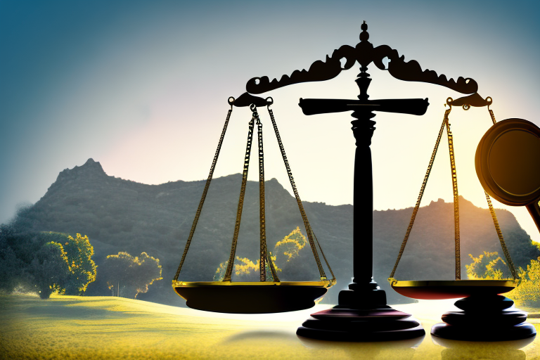 A santa clarita landscape with a symbolic balance scale balancing a house (representing estate) and a legal gavel (representing law)