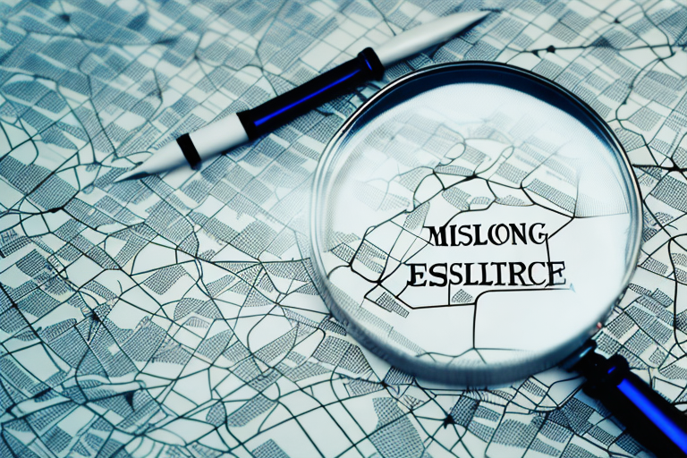 A magnifying glass hovering over a map dotted with symbols of justice scales