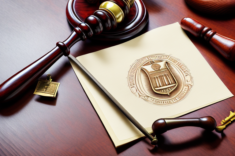 A traditional wooden gavel resting on a document with a wax seal