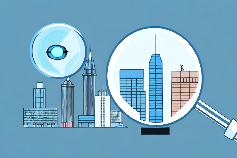 A city skyline with a magnifying glass hovering over it