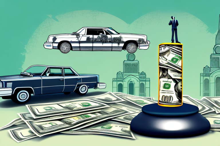 A balanced scale with a crashed car on one side and a stack of dollar bills on the other