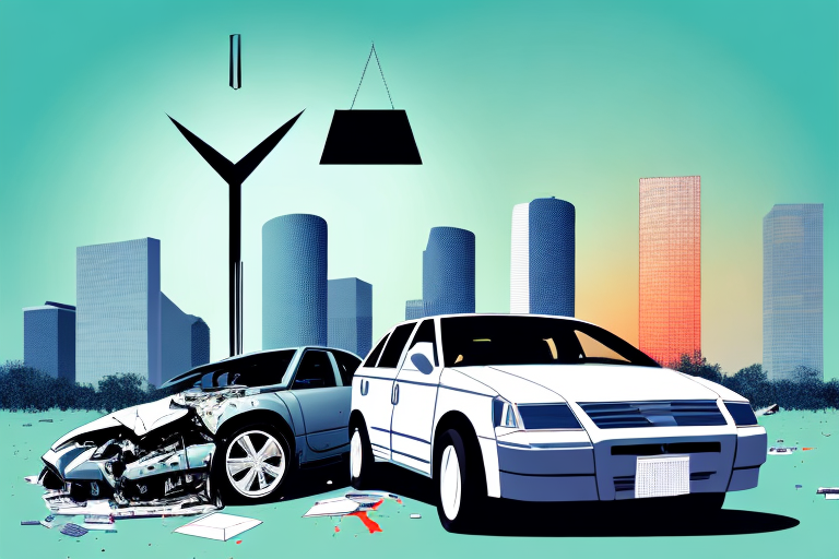 A houston cityscape with a balanced scale on the foreground symbolizing justice