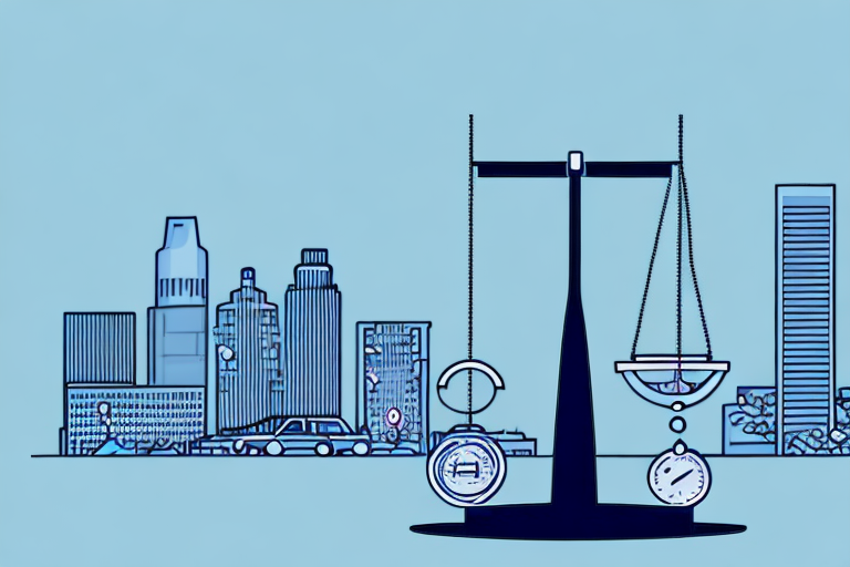 A baton rouge cityscape with a symbolic balance scale in the foreground