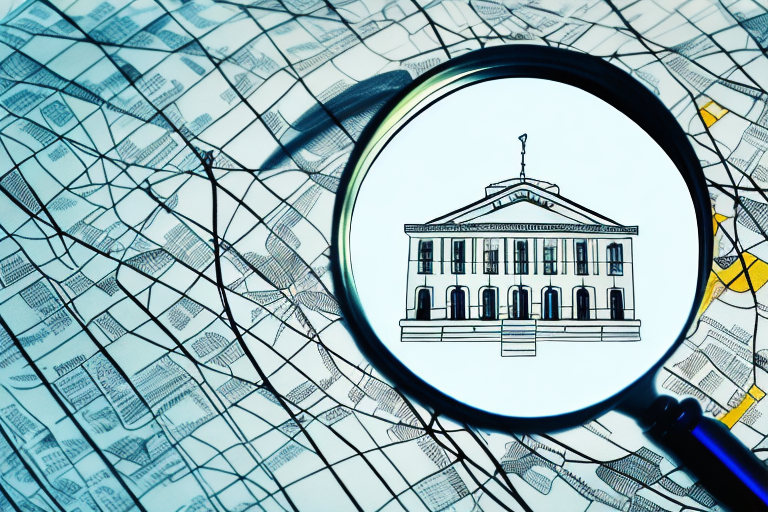 A magnifying glass hovering over a map with symbolic icons representing a courthouse
