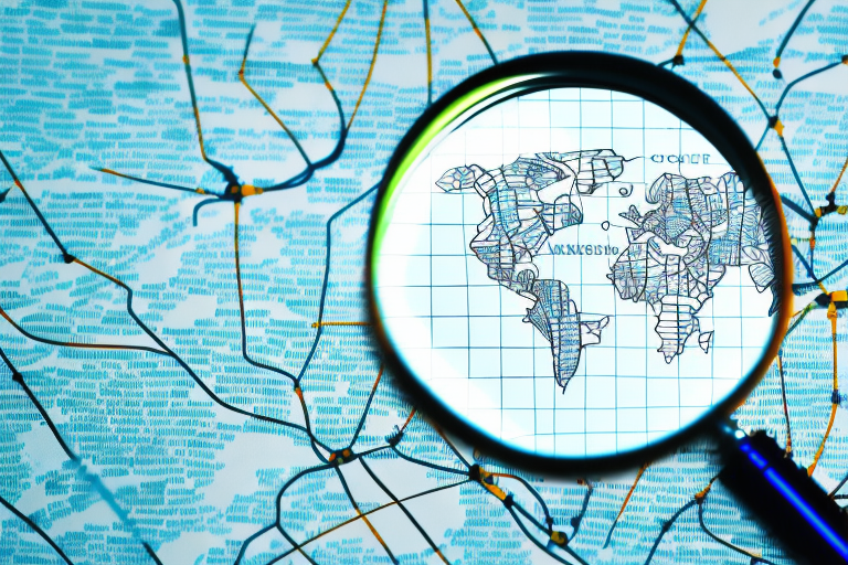 A magnifying glass hovering over a map dotted with law scales