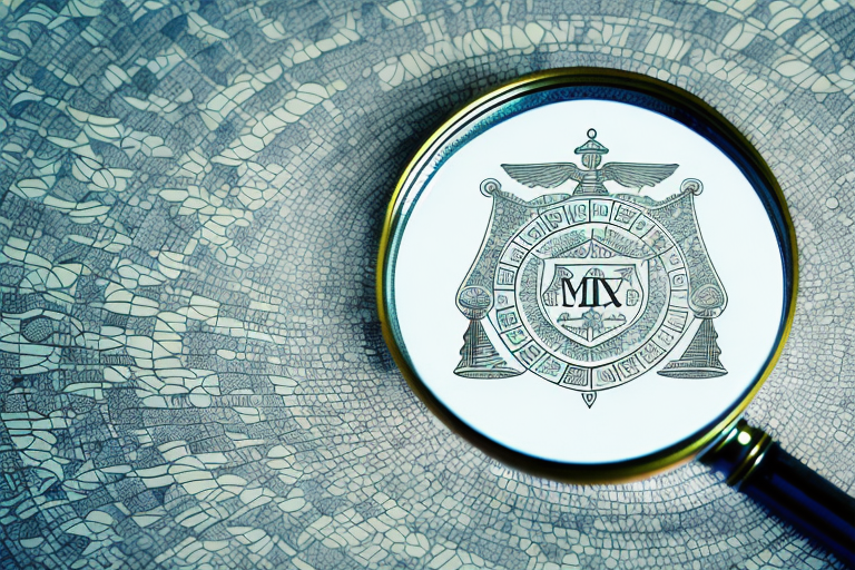 A magnifying glass hovering over a stylized map marked with symbols of scales (representing law)
