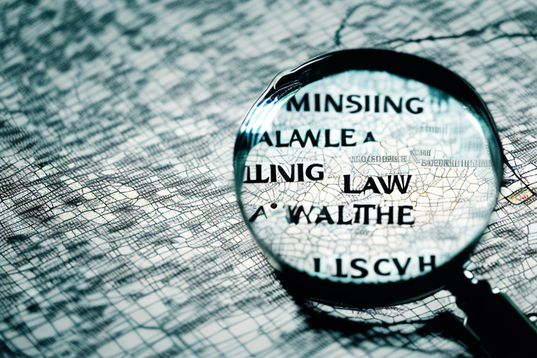 A magnifying glass hovering over a map dotted with symbols representing law scales