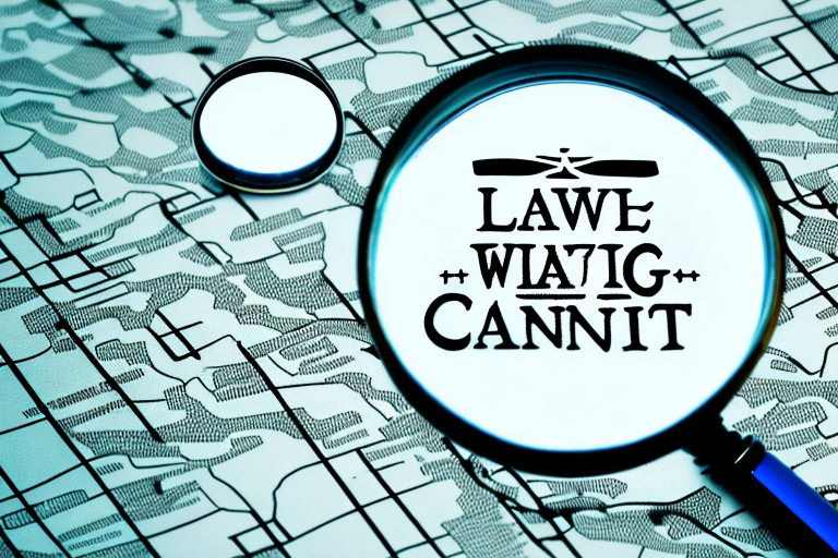 A magnifying glass hovering over a map dotted with law scales