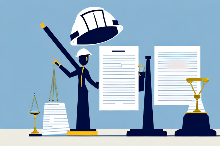 A balanced scale with a hard hat on one side and a stack of legal documents on the other