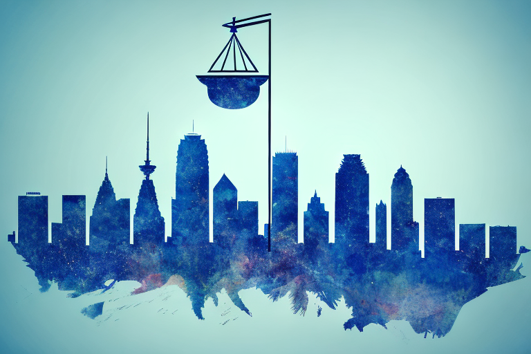 The houston skyline with a symbolic balance scale integrated into it