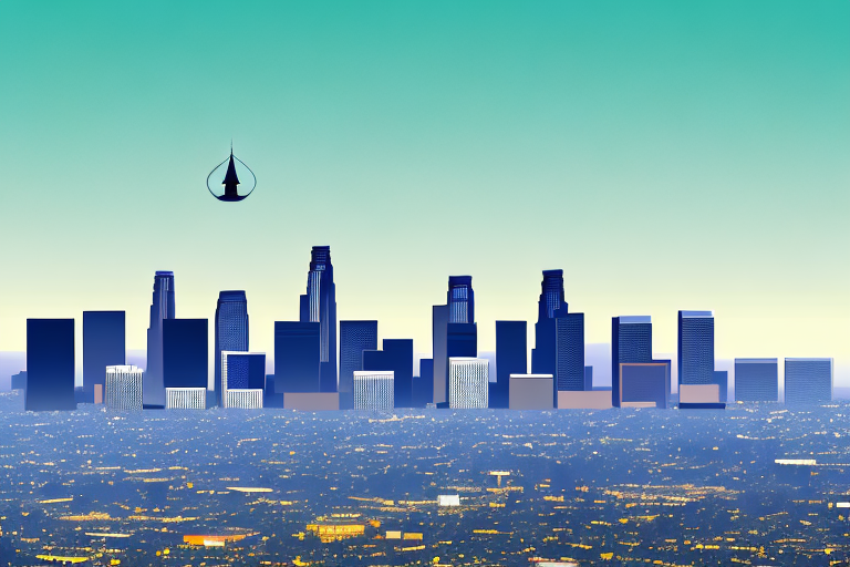 The los angeles skyline with a balanced scale in the foreground