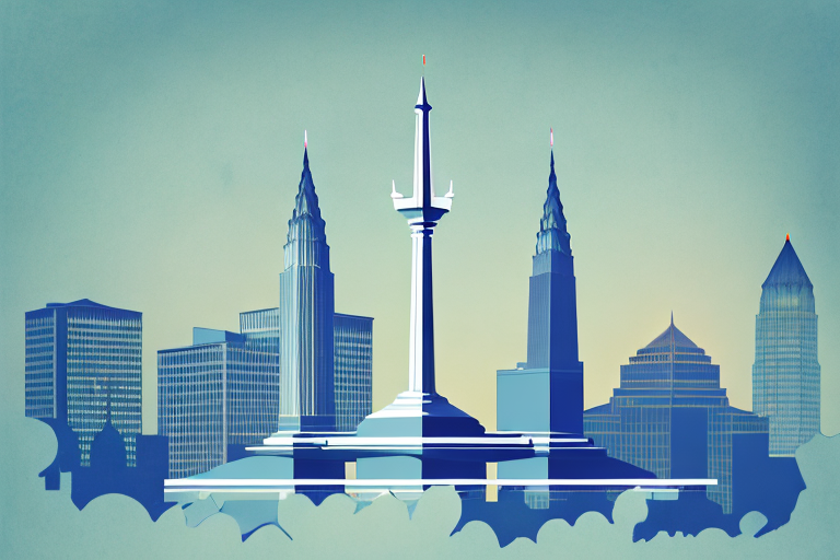 The indianapolis skyline with a balanced scale in the foreground