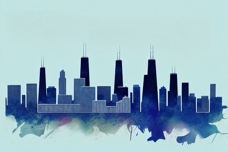 The chicago skyline with a symbolic balance scale integrated into the architecture