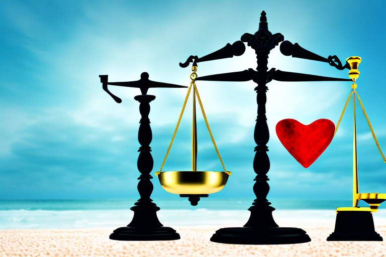 A symbolic justice scale balanced on a miami beach backdrop