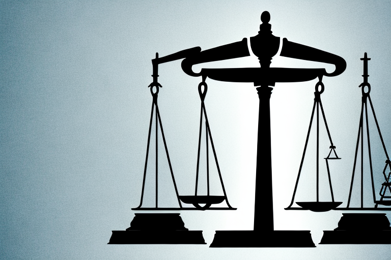 A balanced scale of justice placed in front of a silhouette of fresno city skyline