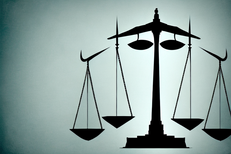 A balanced scale of justice in front of a stylized skyline of houston