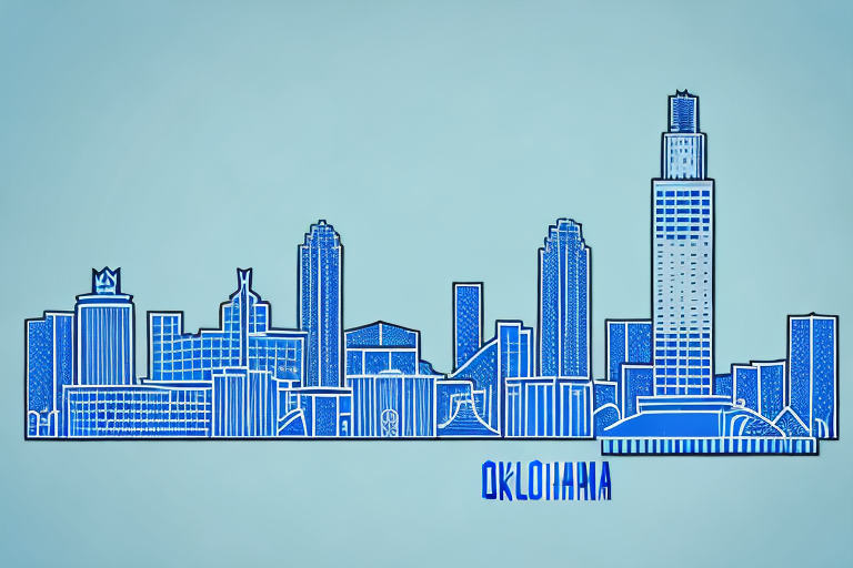 The oklahoma city skyline with a symbolic balance scale integrated into the design
