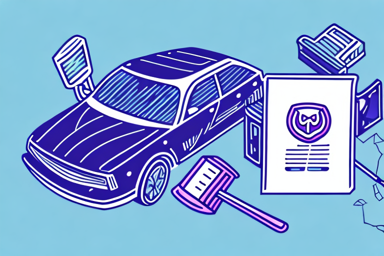 A crashed lyft car with a gavel and a set of law books in the background