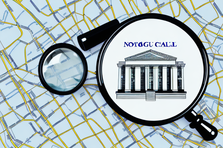 A city map with a magnifying glass highlighting a notary seal