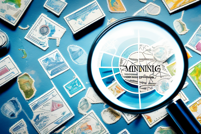 A magnifying glass hovering over a map dotted with official-looking stamps