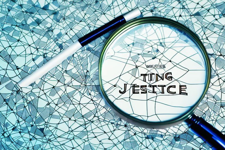 A magnifying glass hovering over a map dotted with symbols of scales (representing justice)