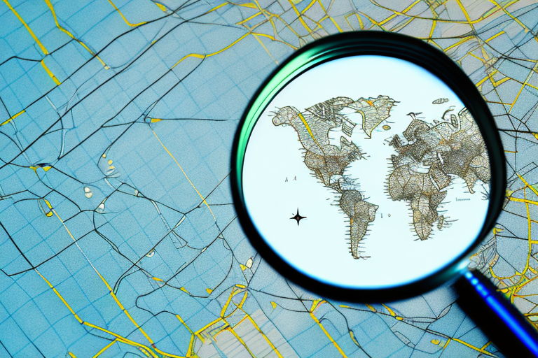 A magnifying glass hovering over a map with a highlighted location symbol