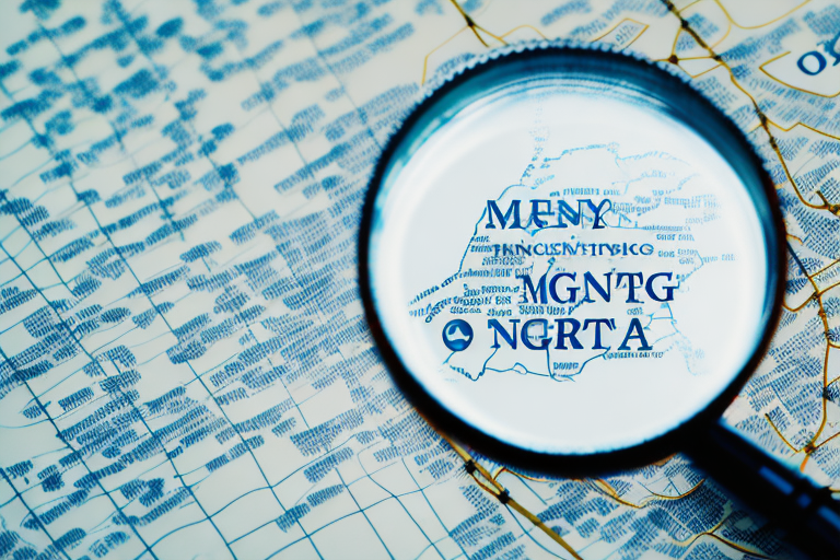 A magnifying glass hovering over a map dotted with notary public seals to represent the search for a nearby notary
