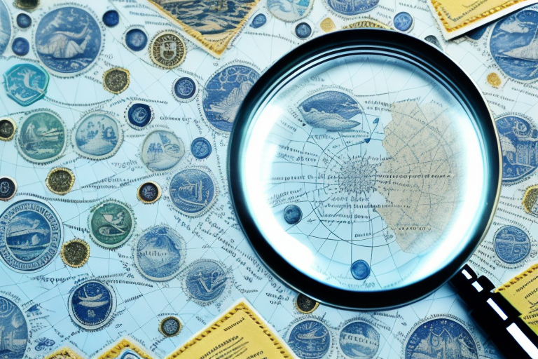 A magnifying glass hovering over a map dotted with official seal stamps