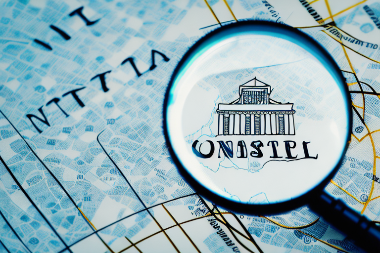A magnifying glass hovering over a map dotted with notary public symbols