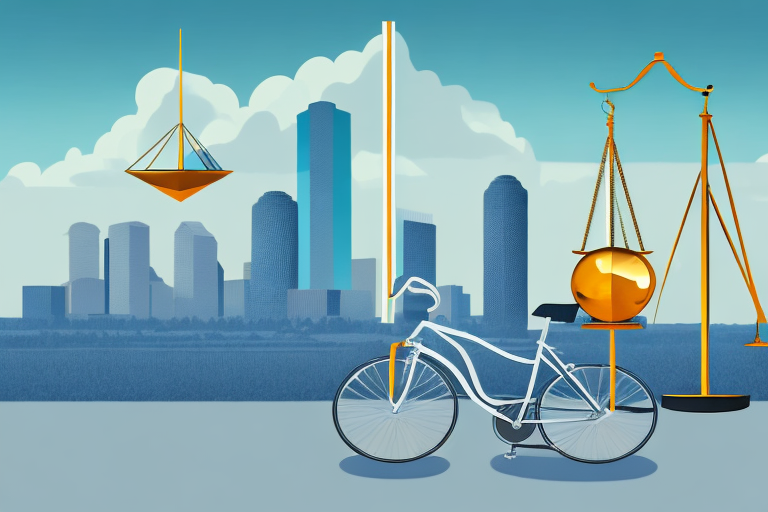 A bicycle leaning against a balance scale