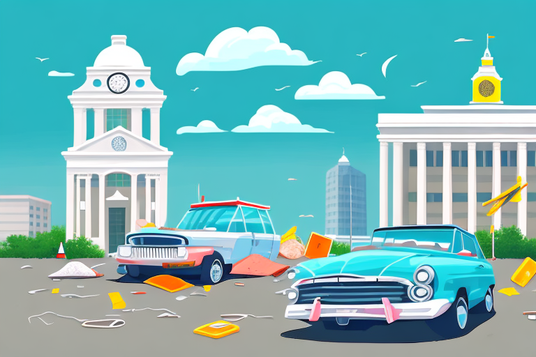 A car accident scene on a beach road with a courthouse in the background