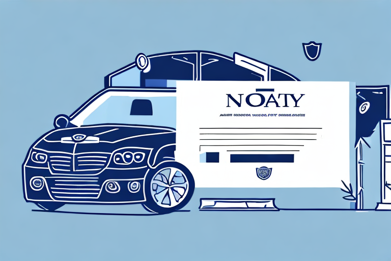 A notary public seal next to a house and a car