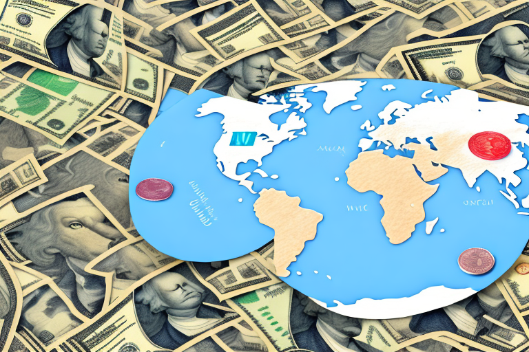 A map pinpointing a currency exchange location with a notary public seal and various international currencies scattered around