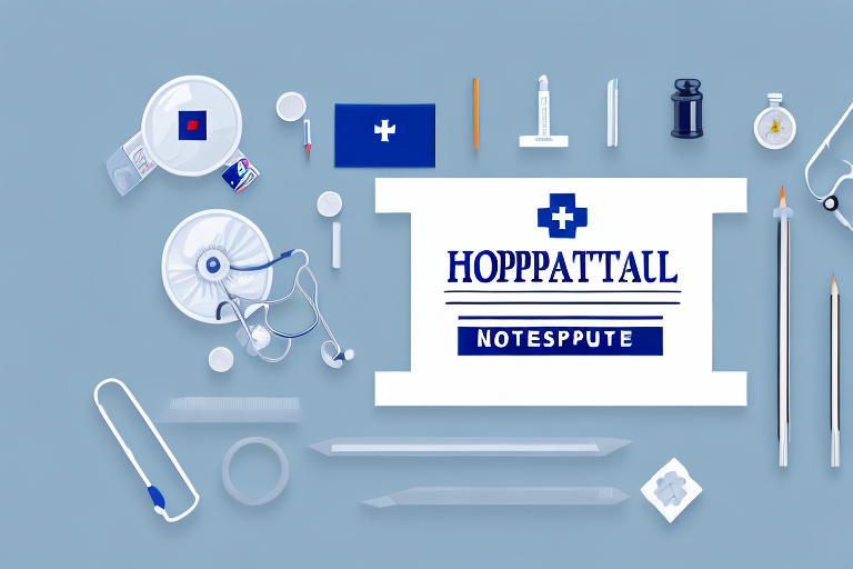 A hospital building with a notary public seal symbol prominently displayed on it