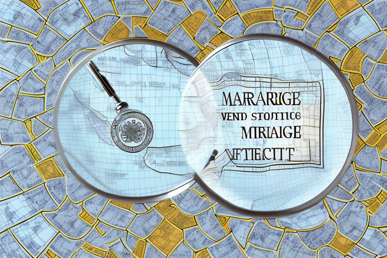 A map with a magnifying glass highlighting a marriage license notary office symbol