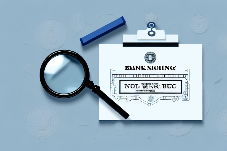 A bank building with a notary public seal symbol and a magnifying glass hovering over it